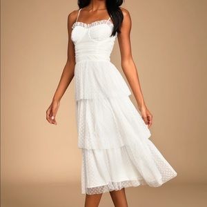 Sweetheart Style White Polka Dot Bustier Tiered Midi Dress